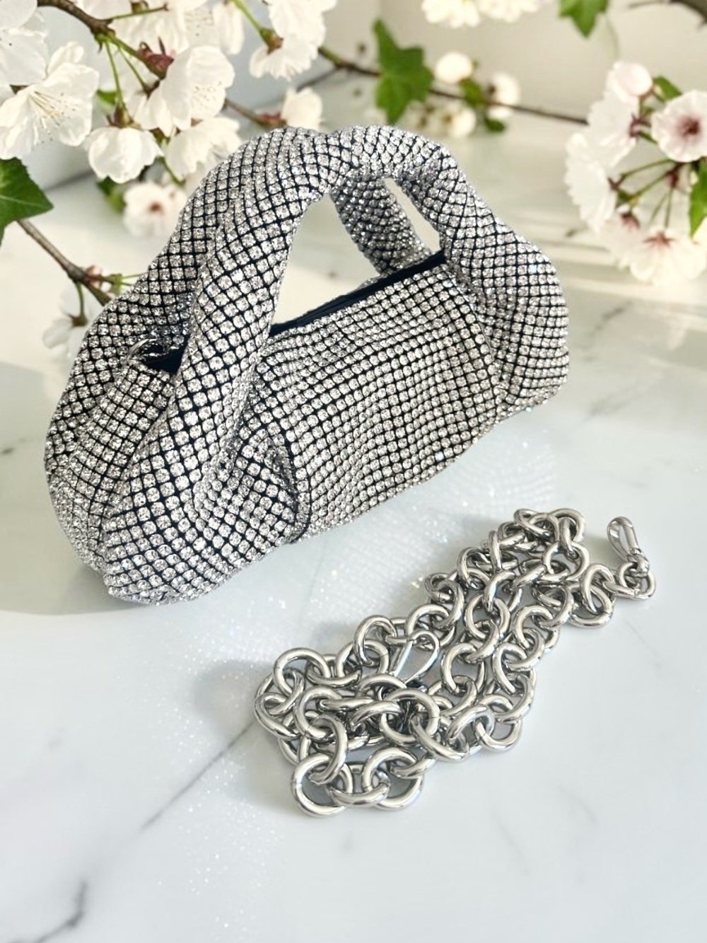 Stuart Weitzman Silver Crystal Mini Tote with Chain